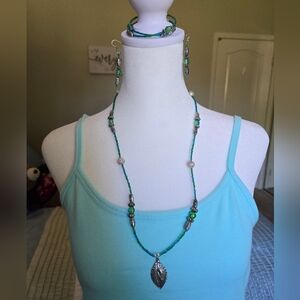 Vintage Handmade Green and Blue Bohemian Necklace, Earring And Bracelet Set